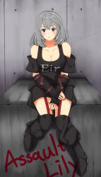Rule 34 | 1girl, absurdres, assault lily, bare shoulders, black footwear, black nails, black pants, black shirt, blush, boots, breasts, cleavage, clothes writing, clothing cutout, collarbone, commentary request, copyright name, detached pants, detached sleeves, fingernails, full body, grey hair, group name, hand on lap, hata matsuri, highres, indoors, long sleeves, looking at viewer, medium breasts, medium hair, multicolored nails, nail polish, own hands together, pants, parted lips, purple eyes, red nails, senri (senri03151221), shirt, short sleeves, shoulder cutout, sitting, sleeves past wrists, solo