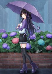 Rule 34 | 1girl, nanashi inc., absurdres, alternate costume, black hair, black shorts, black thighhighs, blue flower, blunt bangs, blush, breasts, brick wall, bush, closed mouth, commentary request, cropped jacket, demon girl, demon horns, demon tail, flower, full body, high heels, highres, holding, holding umbrella, horns, hydrangea, jacket, kojo anna, long hair, long sleeves, looking at viewer, looking to the side, multicolored hair, pointy ears, purple flower, purple footwear, purple hair, purple jacket, purple umbrella, rain, red flower, robou no stone, shirt, shorts, small breasts, smile, solo, sugar lyric, tail, thighhighs, two-tone hair, two side up, umbrella, virtual youtuber, walking, white shirt, yellow eyes