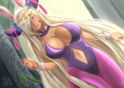 Rule 34 | 1girl, alternate costume, animal ears, asymmetrical horns, bare shoulders, blush, breasts, carrot, circlet, cleavage, clothing cutout, cowboy shot, detached collar, dragon girl, fake animal ears, fire emblem, fire emblem engage, hair ornament, hair over one eye, holding, holding carrot, horns, large breasts, leotard, lips, long hair, mature female, navel, navel cutout, nintendo, outdoors, pantyhose, playboy bunny, pointy ears, purple eyes, purple ribbon, rabbit ears, revealing clothes, ribbon, rinku bny, signature, smile, solo, strapless, strapless leotard, tan, tassel, tassel hair ornament, uneven horns, very long hair, wrist cuffs, zephia (fire emblem)