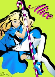 Rule 34 | 1girl, absurdres, alice (alice in wonderland), alice (megami tensei), alice in wonderland, apron, blonde hair, blue dress, blue eyes, blue footwear, candy, candy cane, character name, commentary request, dated, dress, ebata kyouhei, food, from side, gloves, green background, highres, holding, holding candy, holding candy cane, holding food, long hair, looking at viewer, medium dress, one eye closed, shadow, shin megami tensei, shoes, signature, smile, solo, thighhighs, white apron, white gloves, white thighhighs