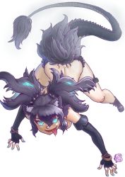 Rule 34 | 1girl, all fours, animal ears, aqua eyes, aqua nails, back, big hair, boots, bracelet, breasts, cerberus (kemono friends), convenient censoring, cutoffs, dog ears, ear piercing, elbow gloves, evil smile, eyes visible through hair, fang, fingernails, full body, fur, gloves, glowing, glowing eyes, glowing hair, hair between eyes, hair censor, highres, jewelry, kemono friends, kishida shiki, looking at viewer, nail polish, no scar, open mouth, parted bangs, piercing, purple hair, short shorts, shorts, simple background, smile, solo, spikes, tail, thigh strap, tongue, tongue out, topless, two side up, white background