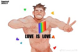 Rule 34 | 1boy, :d, absurdres, bara, beard, blush, completely nude, english text, facial hair, facing viewer, flag, heart, highres, holding, holding flag, lgbt pride, male focus, mature male, muscular, muscular male, mustache, nude, open mouth, original, out-of-frame censoring, pectorals, powerlesssong, rainbow flag, short hair, smile, solo, v