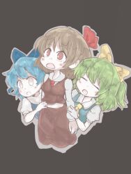 Rule 34 | 3girls, ascot, black skirt, black vest, blonde hair, blue bow, blue hair, blush, bow, breasts, cirno, cirno (cookie), closed eyes, collared shirt, colored skin, commentary request, cookie (touhou), cowboy shot, daiyousei, diyusi (cookie), fang, green hair, grey background, hair bow, kanakamei1, long sleeves, medium bangs, medium hair, multiple girls, nadeko (cookie), open mouth, puffy short sleeves, puffy sleeves, red bow, rumia, shirt, short hair, short sleeves, simple background, skirt, skirt set, small breasts, touhou, vest, white eyes, white shirt, white skin, yellow ascot, yellow bow