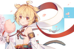 Rule 34 | andira (granblue fantasy), animal ears, antenna hair, backless outfit, bare shoulders, blonde hair, cherry blossoms, chewing, closed mouth, commentary request, cotton candy, detached sleeves, earrings, erune, food, fur-trimmed sleeves, fur trim, granblue fantasy, headband, holding, holding food, jewelry, jiman, looking at viewer, monkey ears, monkey tail, obi, orange eyes, red neckwear, sash, short hair, solo, tail, upper body, wide sleeves
