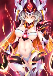 Rule 34 | 1girl, @ @, arm at side, between breasts, black sclera, blonde hair, bra, breasts, cameltoe, closed mouth, code maya, colored sclera, cowboy shot, detached collar, detached sleeves, electricity, elsword, fi-san, frown, gloves, glowing, glowing eyes, gluteal fold, gradient eyes, hat, highres, large breasts, long hair, looking at viewer, mecha musume, midriff, multicolored eyes, multicolored hair, navel, necktie, orange hair, panties, red background, robot, shiny skin, short necktie, silver hair, solo, spread fingers, thigh gap, underboob, underbust, underwear, yellow eyes