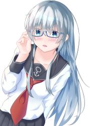 Rule 34 | 1girl, adjusting clothes, adjusting eyewear, adjusting gloves, amatori yuki, anchor print, blue-framed eyewear, blue eyes, blush, collarbone, collared shirt, glasses, gloves, grey sailor collar, grey skirt, hair between eyes, hibiki (kancolle), highres, kantai collection, long hair, long sleeves, looking at viewer, miniskirt, neckerchief, open mouth, pleated skirt, red neckerchief, sailor collar, sailor shirt, school uniform, semi-rimless eyewear, serafuku, shirt, silver hair, simple background, skirt, solo, straight hair, under-rim eyewear, very long hair, white background, white shirt