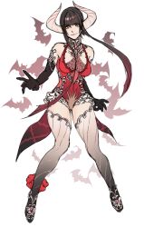 Rule 34 | 1girl, absurdres, alternate costume, bat (animal), black gloves, black hair, breasts, chest tattoo, commentary, demon horns, elbow gloves, eliza (tekken), english commentary, full body, gloves, hanny (uirusu chan), highres, horns, leotard, medium breasts, multicolored hair, namco, purple lips, red hair, red leotard, redesign, short hair with long locks, solo, tattoo, tekken, tekken 7, thighhighs, two-tone hair, vampire, white thighhighs, yellow eyes