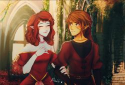 Rule 34 | 1boy, 1girl, blush, breasts, brown hair, dress, elf, closed eyes, grin, hand on arm, hat, jewelry, link, necklace, nintendo, pointy ears, princess zelda, red dress, red hair, scar on face, sidelocks, small breasts, smile, the legend of zelda, tiara, tunic, window, zelda ii: the adventure of link