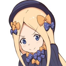 Rule 34 | &gt;:), 1girl, abigail williams (fate), black bow, black dress, black hat, blonde hair, blue eyes, blush, bow, closed mouth, dress, fate/grand order, fate (series), forehead, hair bow, hat, head tilt, long hair, looking at viewer, mitiru ccc2, orange bow, parted bangs, polka dot, polka dot bow, simple background, smile, solo, v-shaped eyebrows, very long hair, white background