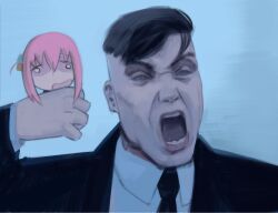Rule 34 | 1boy, black hair, black jacket, black necktie, blue sky, bocchi the rock!, chibi, formal, gotoh hitori, highres, jacket, meme, necktie, peaky blinders, pink hair, scene reference, screaming, shirt, sketch, sky, suit, thomas shelby, tommy shelby holding a gun to his head (meme), white shirt, xyanaid