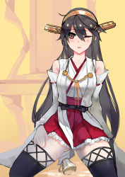 Rule 34 | 10s, 1girl, black hair, brown eyes, cup, hairband, haruna (kancolle), highres, japanese clothes, kantai collection, long hair, nontraditional miko, one eye closed, simple background, solo, teacup, tsubasa19900920
