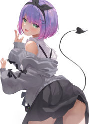Rule 34 | 1girl, :d, absurdres, ass, black hairband, black skirt, bow hairband, cardigan, demon tail, from behind, green eyes, grey cardigan, hairband, highres, hololive, leaning forward, lifted by tail, long sleeves, multicolored hair, off shoulder, open mouth, piercing, pink hair, puffy long sleeves, puffy sleeves, purple hair, rikkusu, shirt, skirt, smile, solo, tail, tail ornament, tail piercing, tail raised, tokoyami towa, two-tone hair, virtual youtuber, white shirt