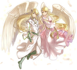 Rule 34 | 1boy, 1girl, bird wings, blonde hair, brother and sister, circlet, dress, feathers, fire emblem, fire emblem: path of radiance, green eyes, green footwear, haru (nakajou-28), highres, leanne (fire emblem), long hair, looking at viewer, nintendo, pointy ears, reyson (fire emblem), robe, siblings, white background, white dress, white robe, wings
