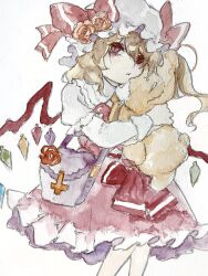 Rule 34 | 1girl, bag, blonde hair, closed mouth, feet out of frame, flandre scarlet, flower, frilled skirt, frills, hair between eyes, handbag, hat, highres, holding, holding stuffed toy, layered sleeves, long sleeves, looking at viewer, medium hair, mob cap, multicolored wings, one side up, painting (medium), pout, puffy short sleeves, puffy sleeves, purple bag, red eyes, red flower, red rose, red skirt, red vest, rose, shirt, short over long sleeves, short sleeves, simple background, skirt, solo, stuffed animal, stuffed toy, teddy bear, touhou, traditional media, vest, watercolor (medium), white background, white hat, white shirt, wings, yanyanman