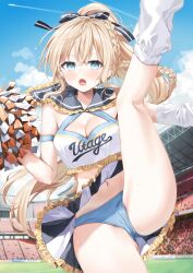 Rule 34 | 1girl, absurdres, aqua eyes, black bow, black collar, blonde hair, blue panties, blue sky, bow, braid, breasts, cheerleader, chestnut mouth, cleavage, collar, ear piercing, floating hair, hair bow, hand warmer, high ponytail, highres, holding, holding pom poms, kneehighs, long hair, looking at viewer, medium breasts, navel, open mouth, original, outdoors, panties, piercing, pom pom (cheerleading), pom poms, shirt, skirt, sky, socks, solo, standing, standing on one leg, sweat, thighs, twitter username, underwear, white shirt, white socks, yana mori