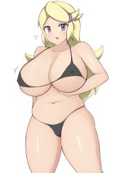 Rule 34 | 1girl, ace trainer (pokemon), arm behind back, arm under breasts, astrid (pokemon), belly, bikini, black bikini, blonde hair, breast lift, breasts, cleavage, collarbone, covered erect nipples, creatures (company), female focus, flying sweatdrops, game freak, grey eyes, hair tie, highres, huge breasts, jaga334, looking at viewer, navel, nintendo, npc trainer, open mouth, plump, pokemon, pokemon xy, shiny skin, simple background, solo, standing, stomach, swimsuit, thighs, underboob, white background