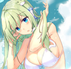 Rule 34 | 1girl, absurdres, bare arms, bare shoulders, bikini, blue eyes, blue sky, blush, breasts, cleavage, cloud, day, diving penguin, frog hair ornament, green hair, hair ornament, hair tubes, hands up, highres, kochiya sanae, large breasts, long hair, looking at viewer, open mouth, outdoors, sky, snake hair ornament, solo, swimsuit, touhou, upper body, white bikini