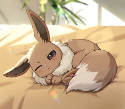 Rule 34 | ;&lt;, bed, blurry, blurry background, blush, brown eyes, closed mouth, commentary request, creatures (company), day, eevee, game freak, gen 1 pokemon, highres, indoors, kaminokefusa, lens flare, light particles, light rays, looking at viewer, lying, nintendo, no humans, notice lines, on bed, one eye closed, plant, pokemon, pokemon (creature), solo, sunlight