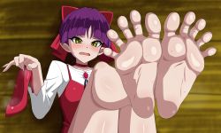 Rule 34 | 1girl, barefoot, blush, bow, feet, feet up, gegege no kitarou, hair bow, highres, holding, holding shoes, kere domo, looking at viewer, nekomusume, open mouth, pointy ears, purple hair, shoes, single shoe, soles, steam, sweat, toes, unworn shoes, yellow eyes
