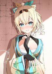 Rule 34 | 1girl, absurdres, aqua eyes, black gloves, blonde hair, blush, chest sarashi, closed mouth, collarbone, crossed bangs, fingerless gloves, gloves, hair ornament, hand on hilt, hand on own chin, haori, highres, hololive, japanese clothes, kazama iroha, leaf hair ornament, long sleeves, looking at viewer, sarashi, short hair, shrug (clothing), sidelocks, smile, solo, spice mega, sword, virtual youtuber, weapon, wide sleeves