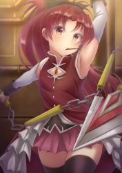 Rule 34 | 10s, 1girl, armpits, food, giri tanpo, highres, long hair, looking at viewer, magical girl, mahou shoujo madoka magica, mahou shoujo madoka magica (anime), mouth hold, pocky, polearm, ponytail, red eyes, red hair, sakura kyoko, solo, spear, thighhighs, weapon