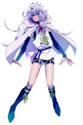 Rule 34 | 1boy, aged down, ahoge, androgynous, bridal gauntlets, elbow gloves, fate (series), full body, gloves, hair between eyes, highres, long hair, male focus, merlin (fate/stay night), purple hair, shorts, shuzukipai, simple background, smile, solo, standing, white background