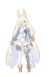 Rule 34 | 1girl, animal ears, arms at sides, artworks/70655873, asymmetrical legwear, blonde hair, blue eyes, blue flower, blue rose, boots, closed mouth, commentary request, contrapposto, enkyo yuuichirou, flower, full body, g41 (girls&#039; frontline), girls&#039; frontline, hair between eyes, heterochromia, highres, leg strap, long hair, looking at viewer, low twintails, mismatched legwear, navel, panties, red eyes, rose, simple background, solo, thighhighs, twintails, underwear, uneven legwear, very long hair, white background, white panties