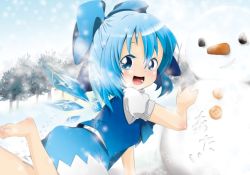 Rule 34 | 1girl, bad id, bad pixiv id, barefoot, berry jou, blue eyes, blue hair, bow, child, cirno, feet, hair bow, matching hair/eyes, snowman, solo, touhou, wings
