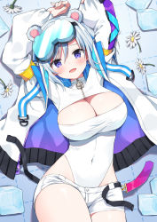 Rule 34 | 1girl, :d, animal ears, arms up, bear ears, blue eyes, breasts, commentary, copyright request, covered navel, cowboy shot, flower, goggles, goggles on head, grey hair, hair between eyes, ice, ice cube, jacket, large breasts, leotard, leotard under clothes, long sleeves, looking at viewer, lying, mauve, on back, open clothes, open jacket, open mouth, puffy long sleeves, puffy sleeves, short shorts, shorts, sleeves past wrists, smile, solo, symbol-only commentary, virtual youtuber, white flower, white jacket, white shorts