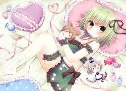 Rule 34 | 1girl, adapted costume, ahoge, bad id, bad pixiv id, blush, blush stickers, bottle, bow, candy, character doll, dress bow, earmuffs, food, frilled pillow, frills, ghost tail, green eyes, green hair, grey hair, hat, headphones, heart, heart-shaped pillow, japanese clothes, luna 1025, mononobe no futo, pillow, pointy hair, ponytail, ribbon, soga no tojiko, tate eboshi, touhou, toyosatomimi no miko