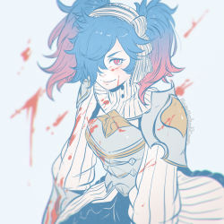 Rule 34 | 1girl, armor, artist name, blood, blood on face, blue background, blue hair, bow, female focus, fire emblem, fire emblem fates, flat color, gradient hair, hair over one eye, hairband, koyorin, long hair, multicolored hair, nintendo, pale color, peri (fire emblem), pink hair, portrait, red eyes, simple background, smile, solo, twintails, two-tone hair, watermark, web address