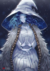 Rule 34 | 1girl, blue eyes, blue hair, blue skin, breasts, cloak, colored skin, cracked skin, doll joints, dress, elden ring, extra arms, extra faces, fur cloak, glowing tattoo, hat, highres, joints, large hat, long hair, looking at viewer, one eye closed, parted bangs, ranni the witch, ryuuneart, smile, solo, white dress, white hat, witch, witch hat