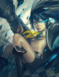Rule 34 | 10s, 1girl, 2011, bikini, bikini top only, black hair, black rock shooter, black rock shooter (character), blue eyes, boots, breasts, female focus, front-tie top, glowing, glowing eye, gradient background, gun, jacket, lips, nose, serious, signature, sinto619, solo, swimsuit, twintails, underboob, weapon