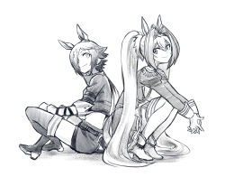 Rule 34 | 2girls, animal ears, boots, closed mouth, daiwa scarlet (umamusume), greyscale, hair intakes, hair over one eye, high heel boots, high heels, highres, horse ears, horse girl, horse tail, hoyon, long hair, looking at viewer, monochrome, multiple girls, ponytail, sitting, smile, squatting, tail, tiara, twintails, umamusume, very long hair, vodka (umamusume)
