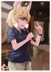 Rule 34 | 1girl, absurdres, alternate costume, animal ears, blonde hair, blue shirt, blush, brown hair, cat ears, cat girl, cat tail, collared shirt, commentary request, extra ears, fangs, grey pants, hair between eyes, highres, kemono friends, microphone, multicolored hair, open mouth, pants, serval (ex4) (kemono friends), shirt, short sleeves, sidelocks, smile, solo, t-shirt, tail, toriny, uniform, watch
