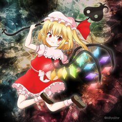 Rule 34 | 1girl, arm up, black footwear, blonde hair, bloomers, blush, closed mouth, commentary request, crystal, fangs, fangs out, flandre day, flandre scarlet, frilled skirt, frilled sleeves, frills, from behind, full body, glowing, glowing wings, hair between eyes, hat, highres, holding, laevatein (touhou), looking at viewer, looking back, mitya, mob cap, multicolored wings, one side up, pointy ears, puffy short sleeves, puffy sleeves, red eyes, red ribbon, red skirt, red vest, ribbon, ribbon-trimmed headwear, ribbon trim, shirt, shoe soles, shoes, short sleeves, skirt, skirt set, smile, socks, solo, touhou, twitter username, underwear, vest, white bloomers, white hat, white shirt, white socks, wings