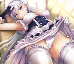 Rule 34 | 1girl, apron, arm up, armpits, azur lane, belfast (azur lane), black gloves, blue eyes, blush, braid, breasts, bridal garter, cameltoe, cleavage, cleft of venus, closed mouth, clothes lift, corset, couch, covered erect nipples, cowboy shot, dress, dress lift, elbow gloves, foreshortening, french braid, frilled apron, frilled sleeves, frills, garter belt, gloves, gluteal fold, hand on forehead, head tilt, highres, ipuu (el-ane koubou), large breasts, lifted by self, long hair, looking at viewer, lying, maid headdress, on back, on couch, panties, pillow, short sleeves, silver hair, smile, smilr, solo, thighhighs, thighs, tsurime, underwear, waist apron, white apron, white panties, white thighhighs