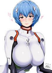 Rule 34 | 1girl, alternate breast size, ao madoushi, ayanami rei, blue hair, bodysuit, breasts, heart, highres, interface headset, large breasts, light smile, looking at viewer, neon genesis evangelion, plugsuit, red eyes, short hair, simple background, solo, white background
