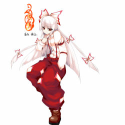 Rule 34 | 1girl, blouse, bow, character name, female focus, fire, fujiwara no mokou, full body, hair bow, hair ribbon, long hair, multiple hair bows, noirly, ofuda, ofuda on clothes, red eyes, ribbon, shirt, silver hair, simple background, solo, suspenders, touhou, white background, white shirt