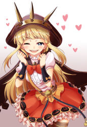 Rule 34 | 10s, 1girl, black thighhighs, blonde hair, blush, bow, cagliostro (granblue fantasy), cagliostro (halloween) (granblue fantasy), cape, crown, fuyuzora, granblue fantasy, hairband, heart, highres, hood, long hair, looking at viewer, one eye closed, open mouth, purple eyes, red skirt, skirt, smile, solo, thighhighs