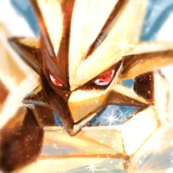 Rule 34 | armor, blue skin, blurry, blurry background, close-up, colored skin, digimon, digimon (creature), gerusyu, gold armor, highres, looking at viewer, magnamon, no humans, red eyes, sparkle