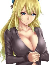 Rule 34 | 1girl, atago (kancolle), blonde hair, blue eyes, blue hat, blush, breasts, cardigan, casual, cleavage, closed mouth, covered erect nipples, hat, highres, huge breasts, ishii hisao, kantai collection, long hair, long sleeves, looking at viewer, own hands together, simple background, smile, solo, upper body, white background