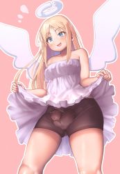 Rule 34 | 1other, androgynous, angel, blonde hair, blue eyes, blush, bulge, censored, clothes lift, crimvael, dress, dress lift, halo, hermaphrodite, highres, ishuzoku reviewers, long hair, penis, pink background, pointless censoring, see-through, shorts, simple background, smile, solo, testicles, white dress, wings, yana (nekoarashi)