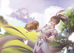 Rule 34 | 1girl, absurdly long hair, absurdres, animal ears, brown hair, bug, butterfly, douluo dalu, dress, flower, gorilla, grass, highres, insect, leaf, long hair, mountain, pink dress, ponytail, rabbit ears, rock, tree, very long hair, xiao wu (douluo dalu), zenme maorongrong de a