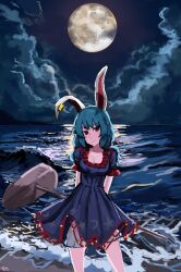 Rule 34 | 103anon, 1girl, animal ears, arms behind back, beach, bloomers, blue dress, blue hair, blush, blush stickers, cloud, cloudy sky, cowboy shot, crescent, crescent print, danlamdae, dress, earclip, frilled dress, frilled sleeves, frills, full moon, head tilt, highres, holding, kine, long hair, looking at viewer, mallet, moon, moonlight, night, night sky, ocean, outdoors, puffy short sleeves, puffy sleeves, rabbit ears, red eyes, seiran (touhou), short sleeves, sky, smile, solo, standing, star (symbol), star print, touhou, underwear, waves, white bloomers