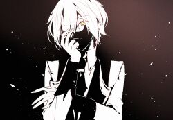 Rule 34 | 1boy, black background, black jacket, black mask, collared shirt, hair over one eye, jacket, long sleeves, looking at viewer, luciole no hime, male focus, mask, mouth mask, one eye covered, qi7pi, robin torchia, shirt, short hair, solo, yellow eyes