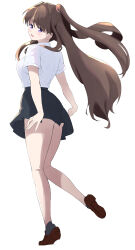 1girl absurdres ass_peek black_skirt black_socks breasts brown_footwear brown_hair collared_shirt commentary_request dress_shirt from_behind fujishima_megumi full_body heel_up highres large_breasts leg_up link!_like!_love_live! loafers long_hair looking_at_viewer looking_back love_live! miniskirt parisnoko purple_eyes shirt shoe_soles shoes short_sleeves simple_background skirt socks solo two_side_up very_long_hair virtual_youtuber white_background white_shirt