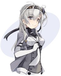 Rule 34 | 1girl, anchor symbol, black headband, black sailor collar, bodysuit, clothes writing, commentary request, corset, gloves, grey eyes, grey jacket, hachimaki, headband, highres, jacket, kantai collection, long hair, minosu, one side up, sailor collar, silver hair, simple background, skirt, smile, solo, suzutsuki (kancolle), white background, white bodysuit, white gloves, white neckwear, white skirt
