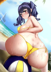 Rule 34 | 1girl, anm20, ass, aviator sunglasses, azur lane, beach volleyball, bikini, blush, breasts, butt crack, cameltoe, dutch angle, eyewear on head, from behind, highres, large breasts, long hair, looking at viewer, looking back, official alternate costume, pola (azur lane), pola (seaside coincidence) (azur lane), purple hair, red eyes, revealing clothes, sand, shiny skin, side-tie bikini bottom, sitting, skindentation, solo, sunglasses, swimsuit, thighhighs, twintails, volleyball net, wet, wet legwear, yellow bikini