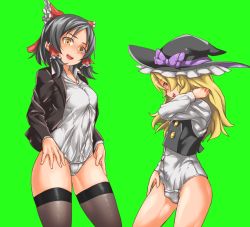 Rule 34 | 1boy, 1girl, bad id, bad nicoseiga id, black hair, black hat, blonde hair, bow, breasts, brown thighhighs, bulge, buttons, collared shirt, commentary request, cookie (touhou), cowboy shot, erection, erection under clothes, green background, hair bow, hair tubes, hakurei reimu, hat, hat bow, kirisame marisa, long hair, long sleeves, looking at viewer, marakasu (chinkasu), medium breasts, no pants, open mouth, panties, profile, purple bow, red bow, rei (cookie), sananana (cookie), shirt, short hair, simple background, smile, thighhighs, touhou, trap, underwear, white panties, white shirt, witch hat, yellow eyes